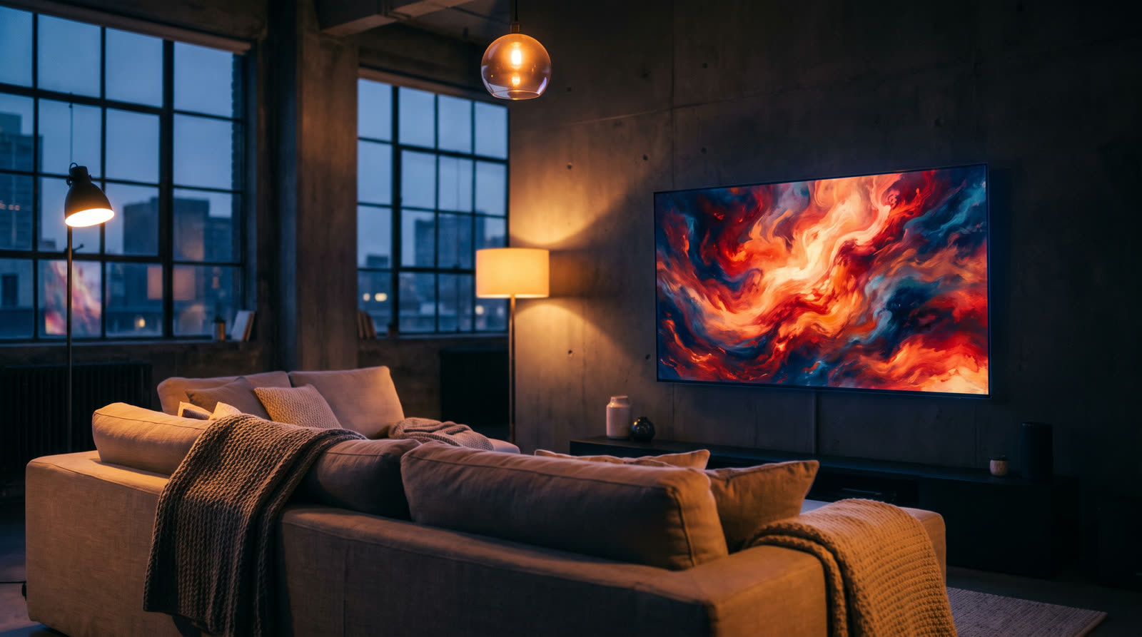 Dusk loft living room with a TV displaying a red and indigo abstract artwork